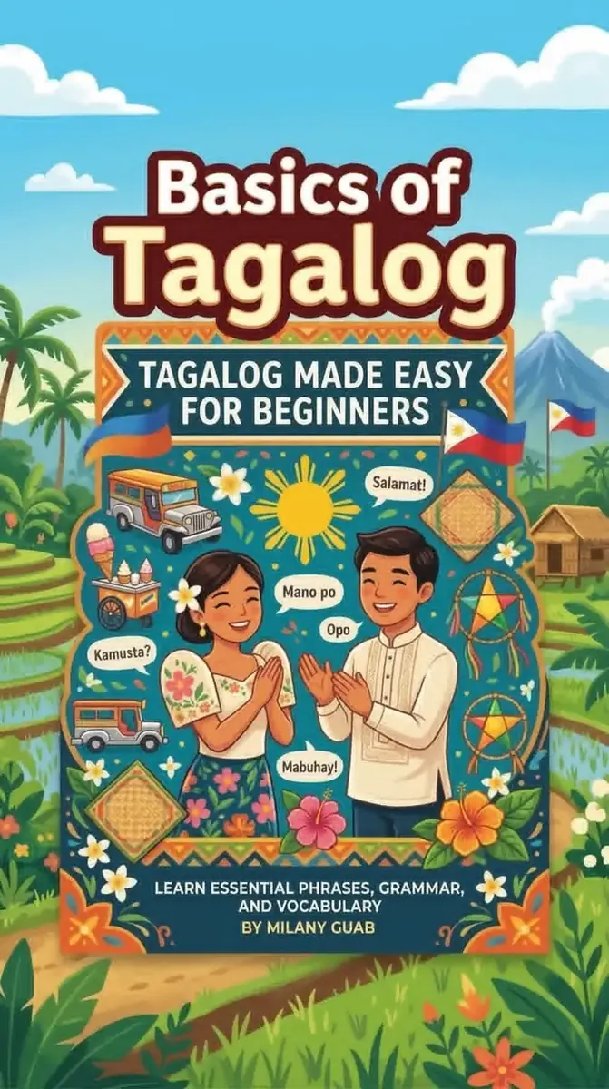 Basics of Tagalog book cover - colorful illustration with jeepney, Filipino family saying Kamusta, Mano po, Salamat